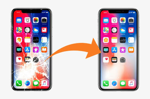 iPhone cracked screen before and after repair at Electronics Garden Repair — same-day service near Penn Station